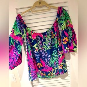 Lily Pulitzer, silk blouse can be worn off the shoulders or on size small